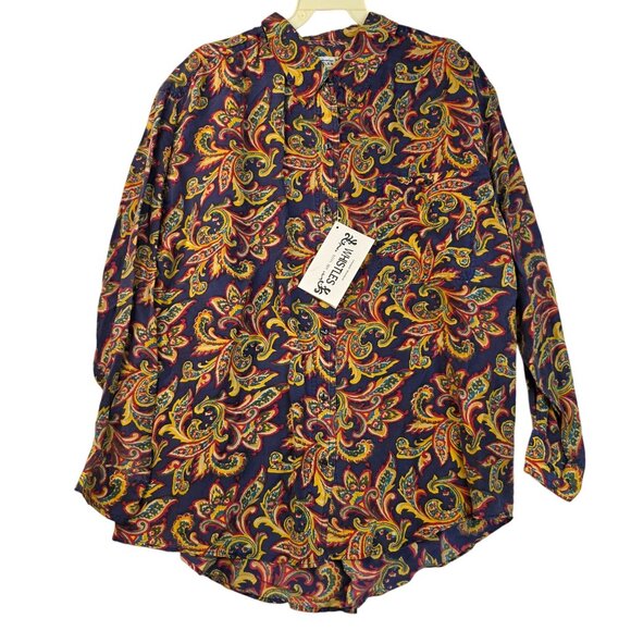 Whistles Vintage Deadstock 1980s 100% Silk Paisley Button-Up Shirt Navy/Yellow M - Picture 1 of 11